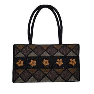 Handmade Black Beaded Floral Pattern Evening Bag With Dual Handles Zipper